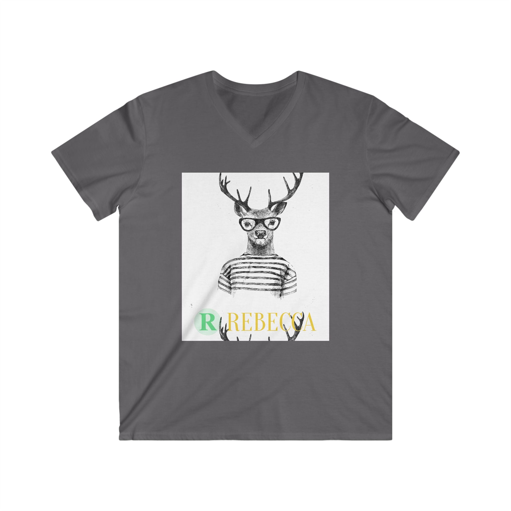 Deer with Glasses V-Neck Tee — Personalized "Rebecca" Graphic Shirt
