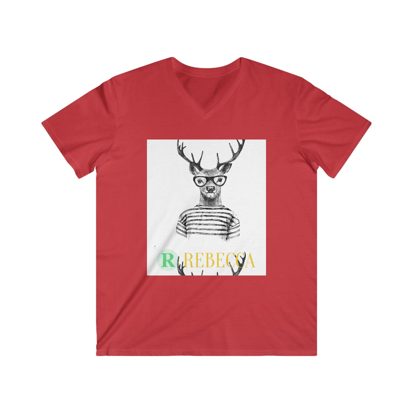 Deer with Glasses V-Neck Tee — Personalized "Rebecca" Graphic Shirt