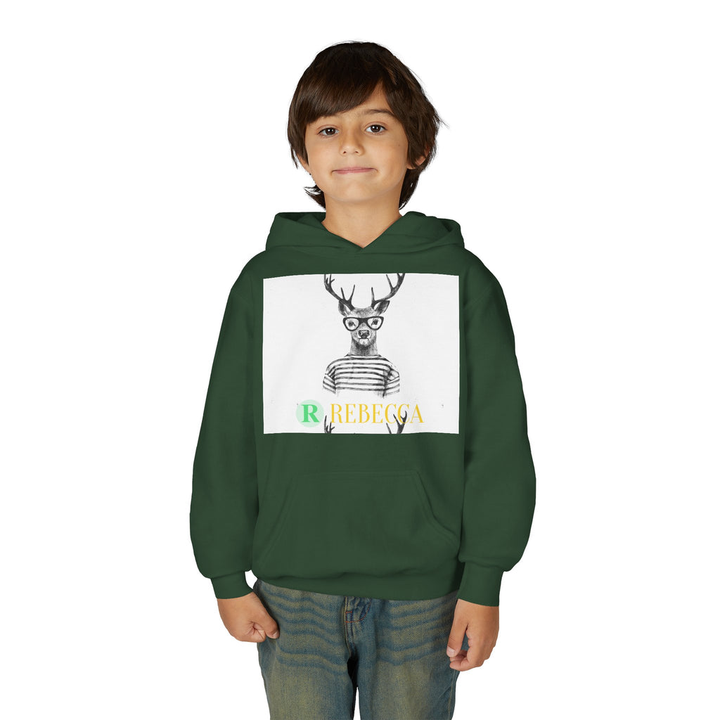 Youth Hoodie — Whimsical Deer with Glasses & 'Rebecca' Name Graphic