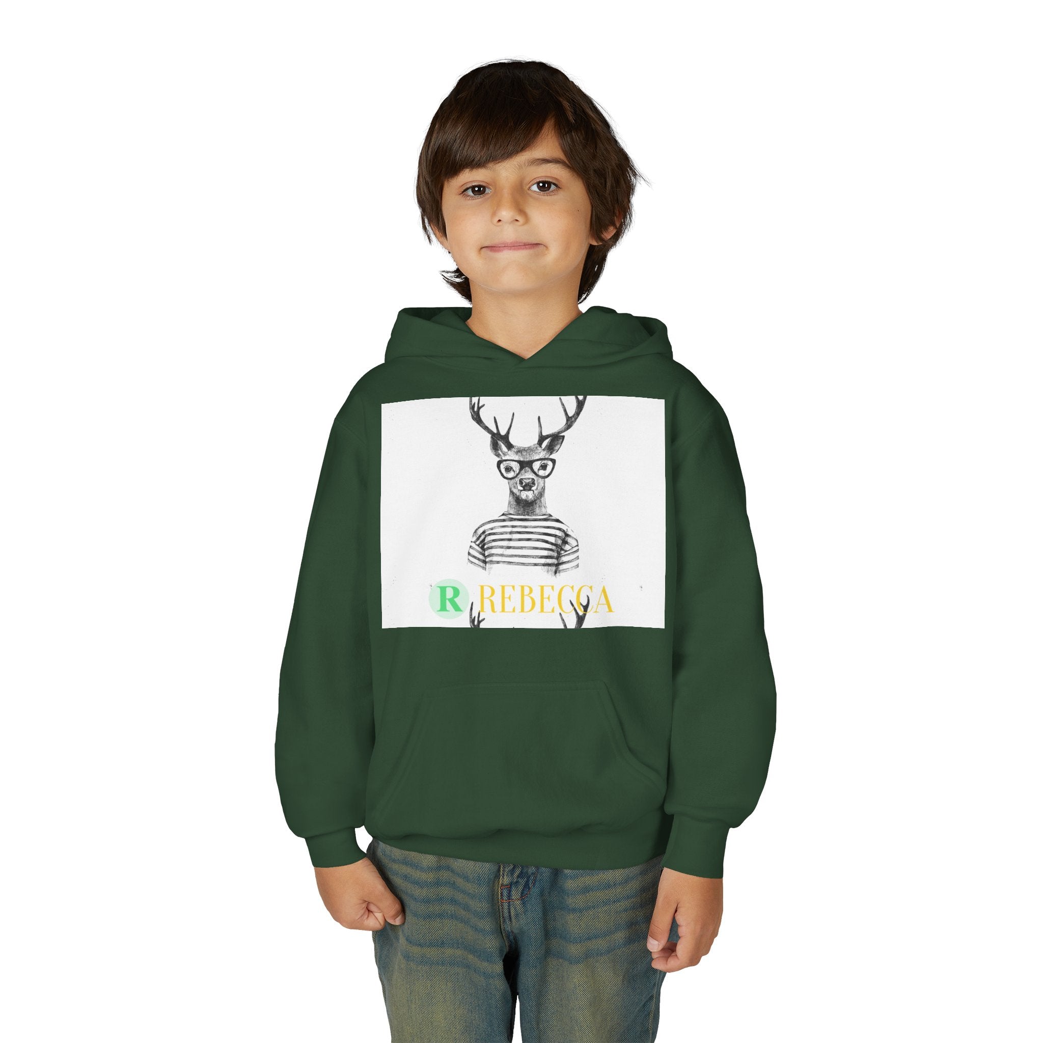 Youth Hoodie — Whimsical Deer with Glasses & 'Rebecca' Name Graphic