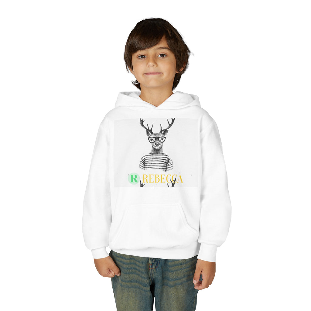 Youth Hoodie — Whimsical Deer with Glasses & 'Rebecca' Name Graphic