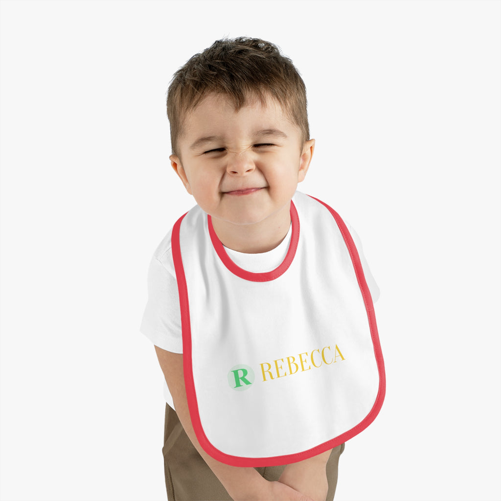 Personalized Baby Bib — Contrast Trim Jersey Bib with Name (Rebecca)