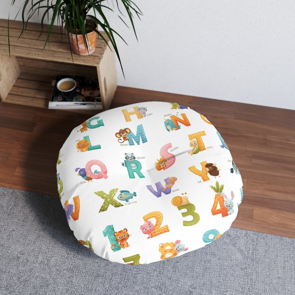 Alphabet & Numbers Kids Tufted Floor Pillow — Cute Animal ABCs & 123s