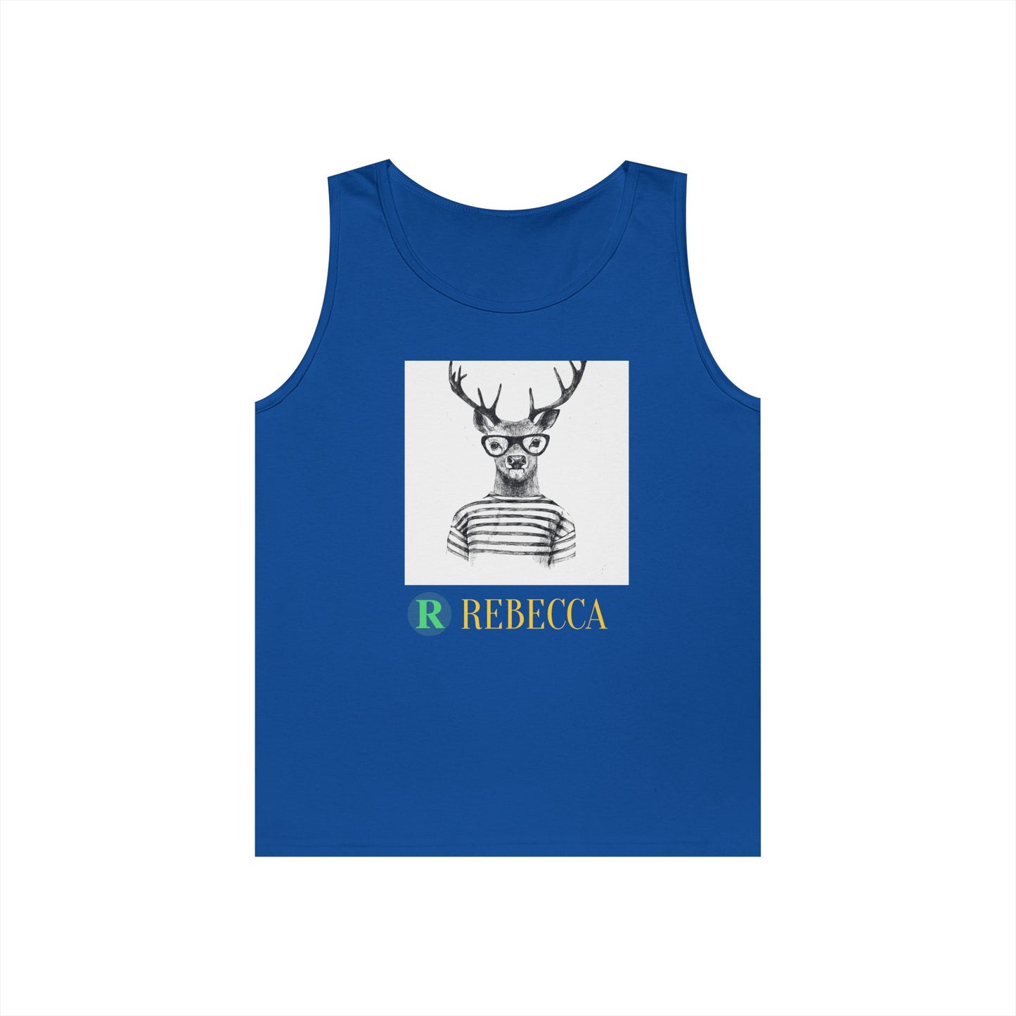 Deer in Glasses Graphic Tank Top — 'Rebecca' Striped Deer Illustration