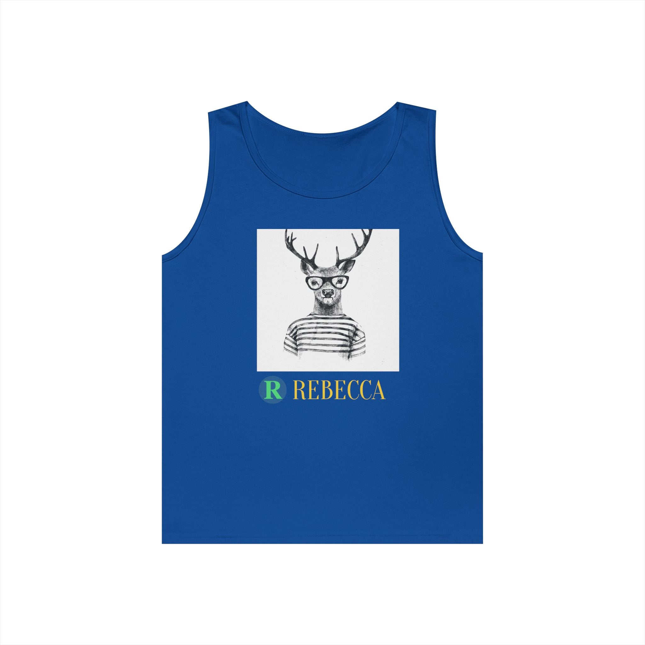 Deer in Glasses Graphic Tank Top — 'Rebecca' Striped Deer Illustration