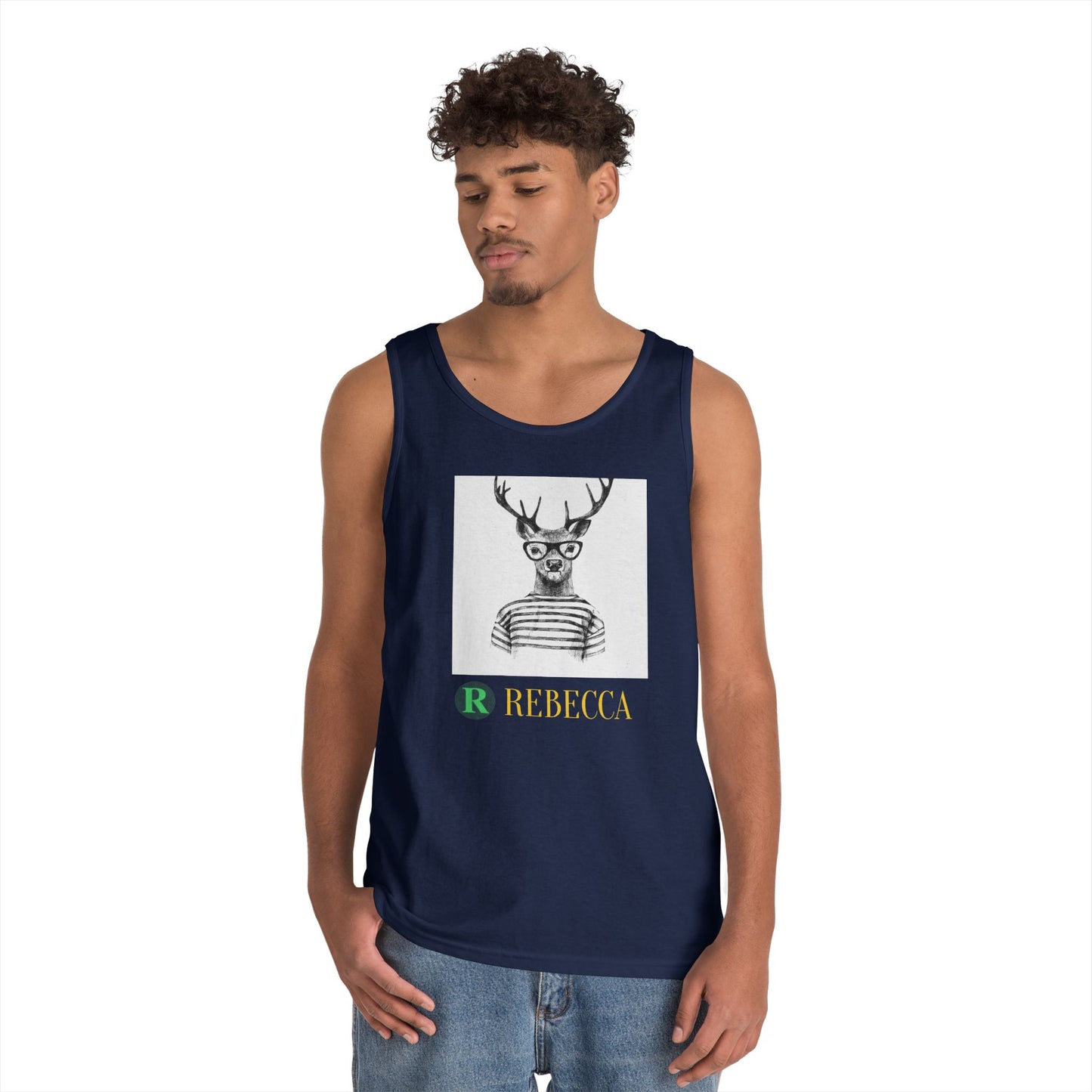 Deer in Glasses Graphic Tank Top — 'Rebecca' Striped Deer Illustration