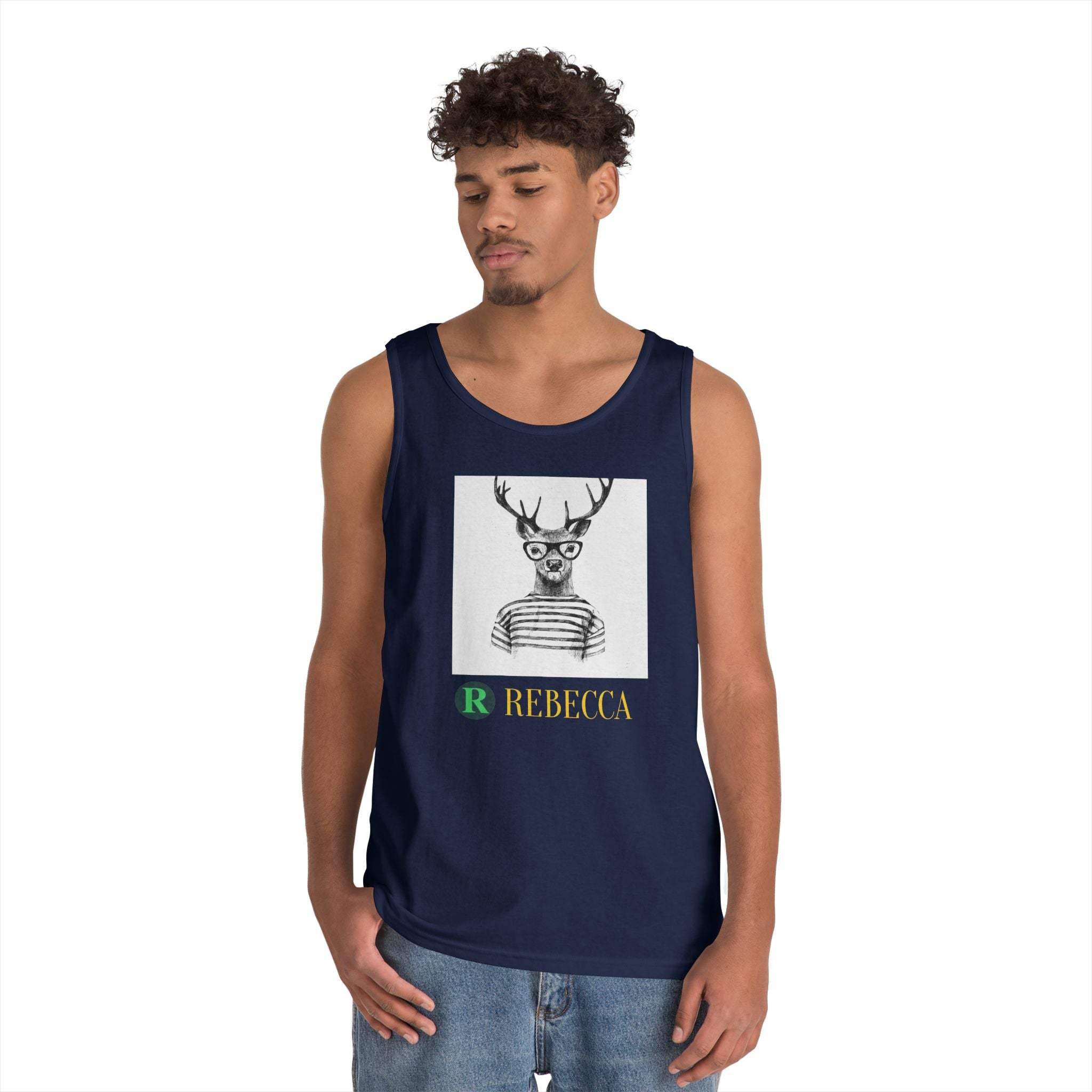 Deer in Glasses Graphic Tank Top — 'Rebecca' Striped Deer Illustration