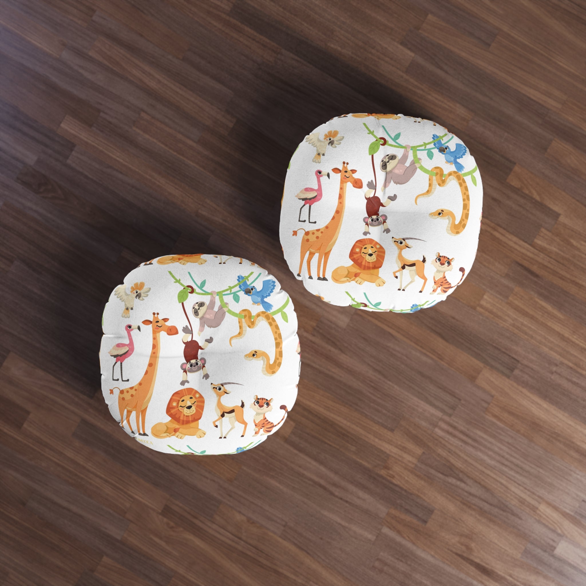 Round Tufted Floor Pillow — Cute Safari Animals Pattern for Kids’ Nursery & Playroom
