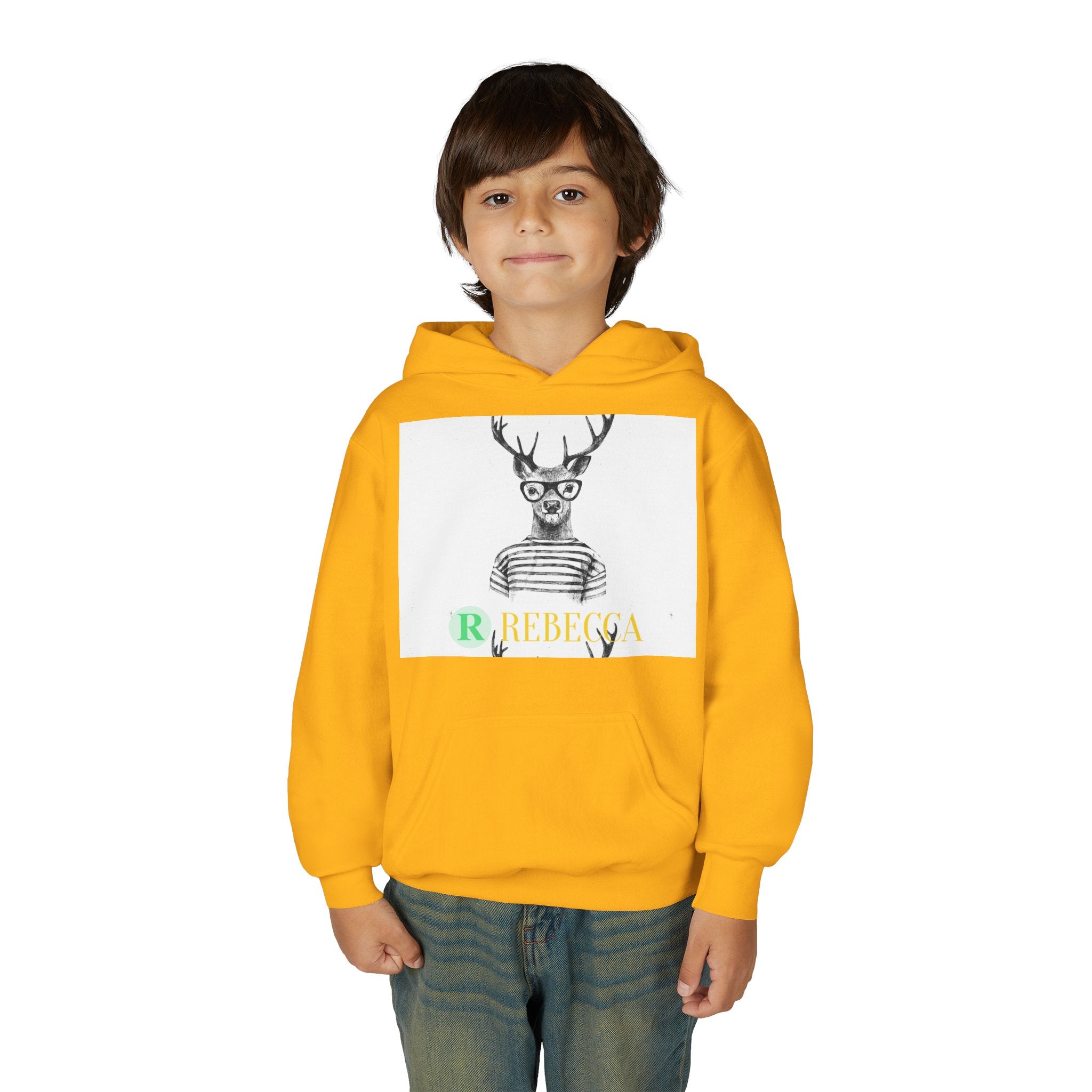 Youth Hoodie — Whimsical Deer with Glasses & 'Rebecca' Name Graphic