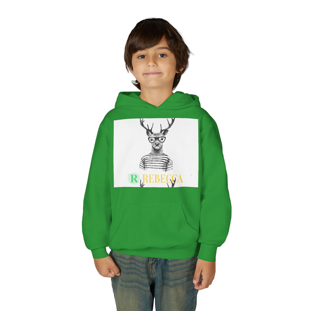 Youth Hoodie — Whimsical Deer with Glasses & 'Rebecca' Name Graphic