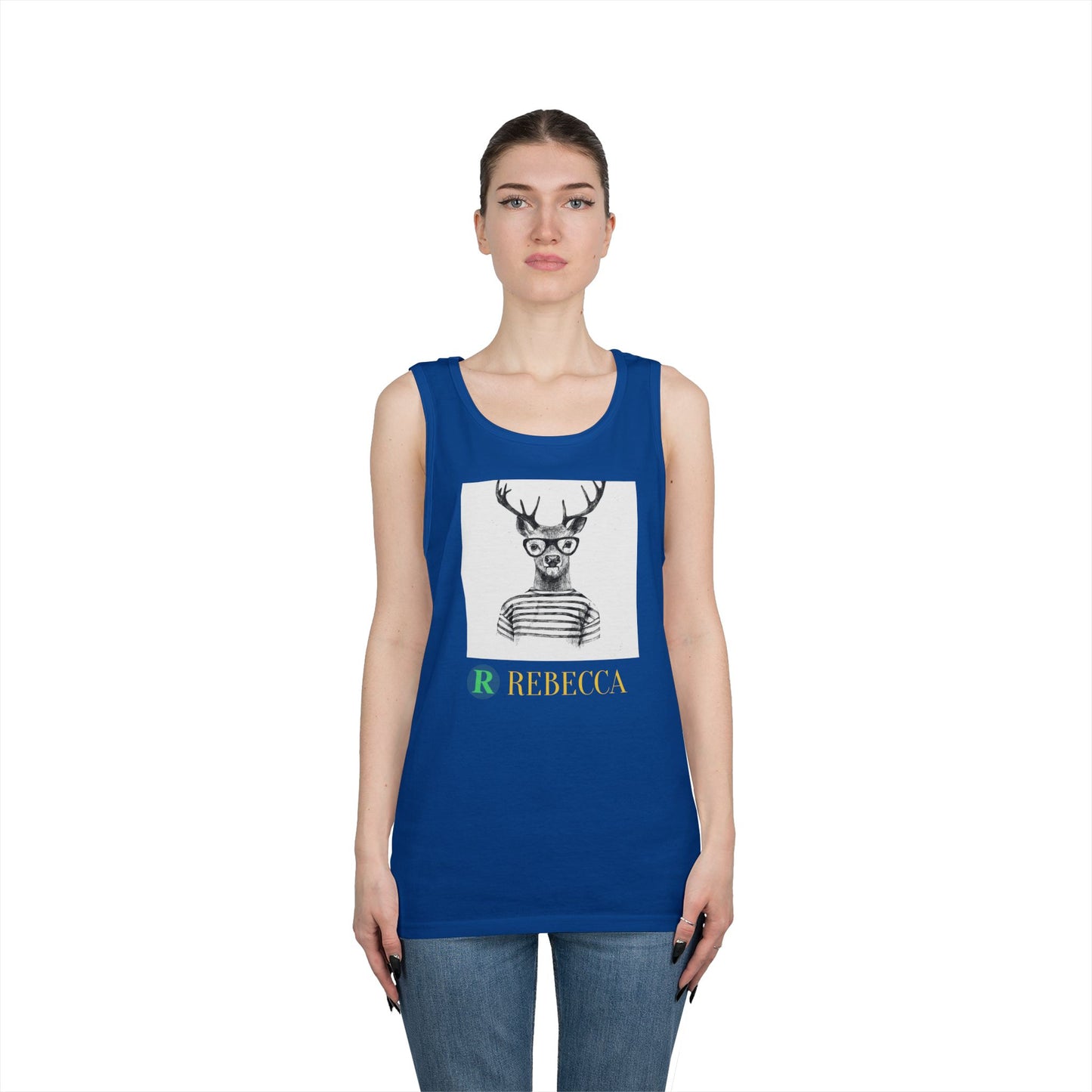 Deer in Glasses Graphic Tank Top — 'Rebecca' Striped Deer Illustration