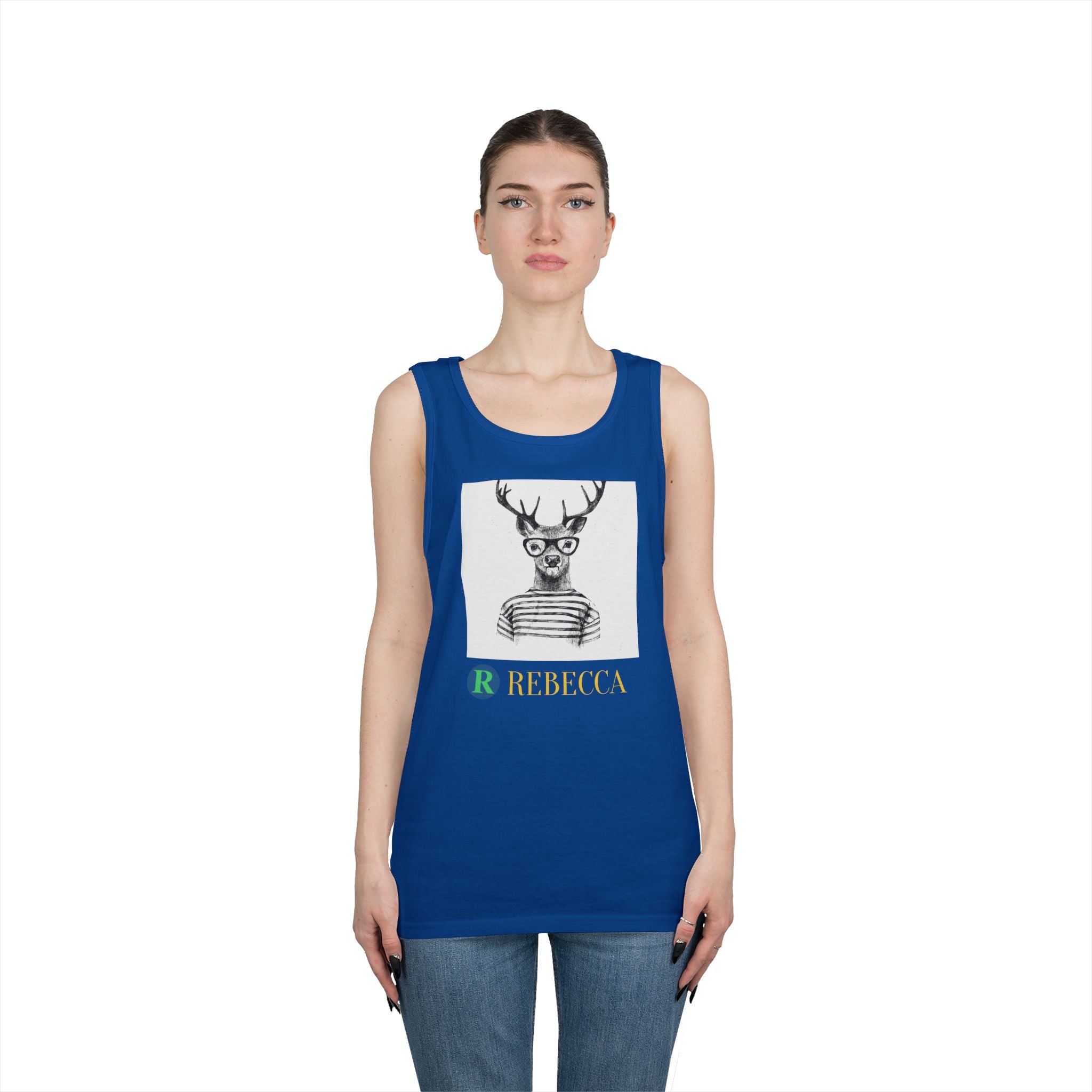 Deer in Glasses Graphic Tank Top — 'Rebecca' Striped Deer Illustration
