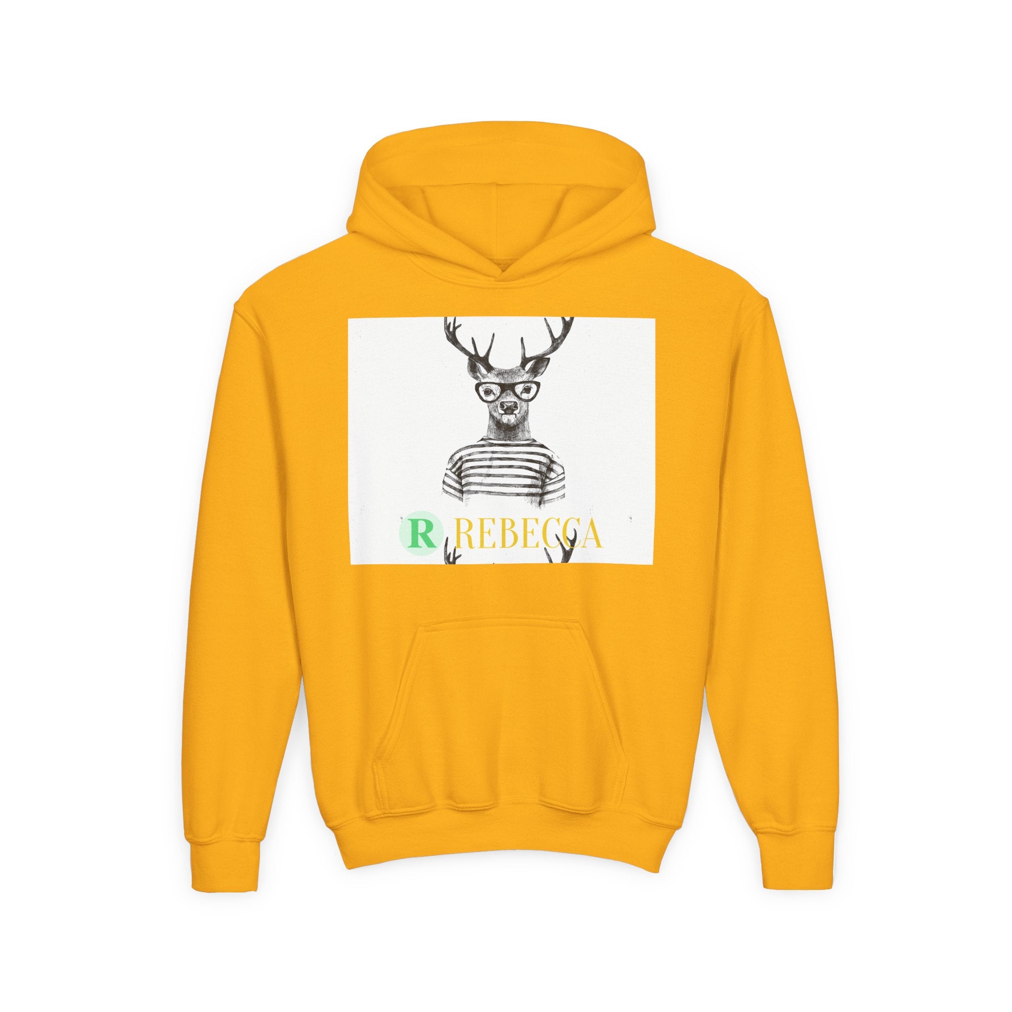 Youth Hoodie — Whimsical Deer with Glasses & 'Rebecca' Name Graphic