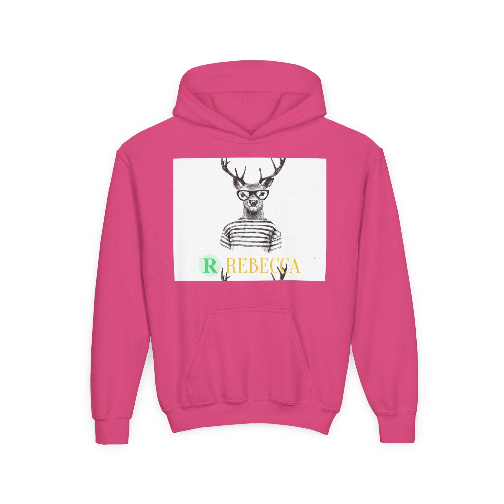 Youth Hoodie — Whimsical Deer with Glasses & 'Rebecca' Name Graphic