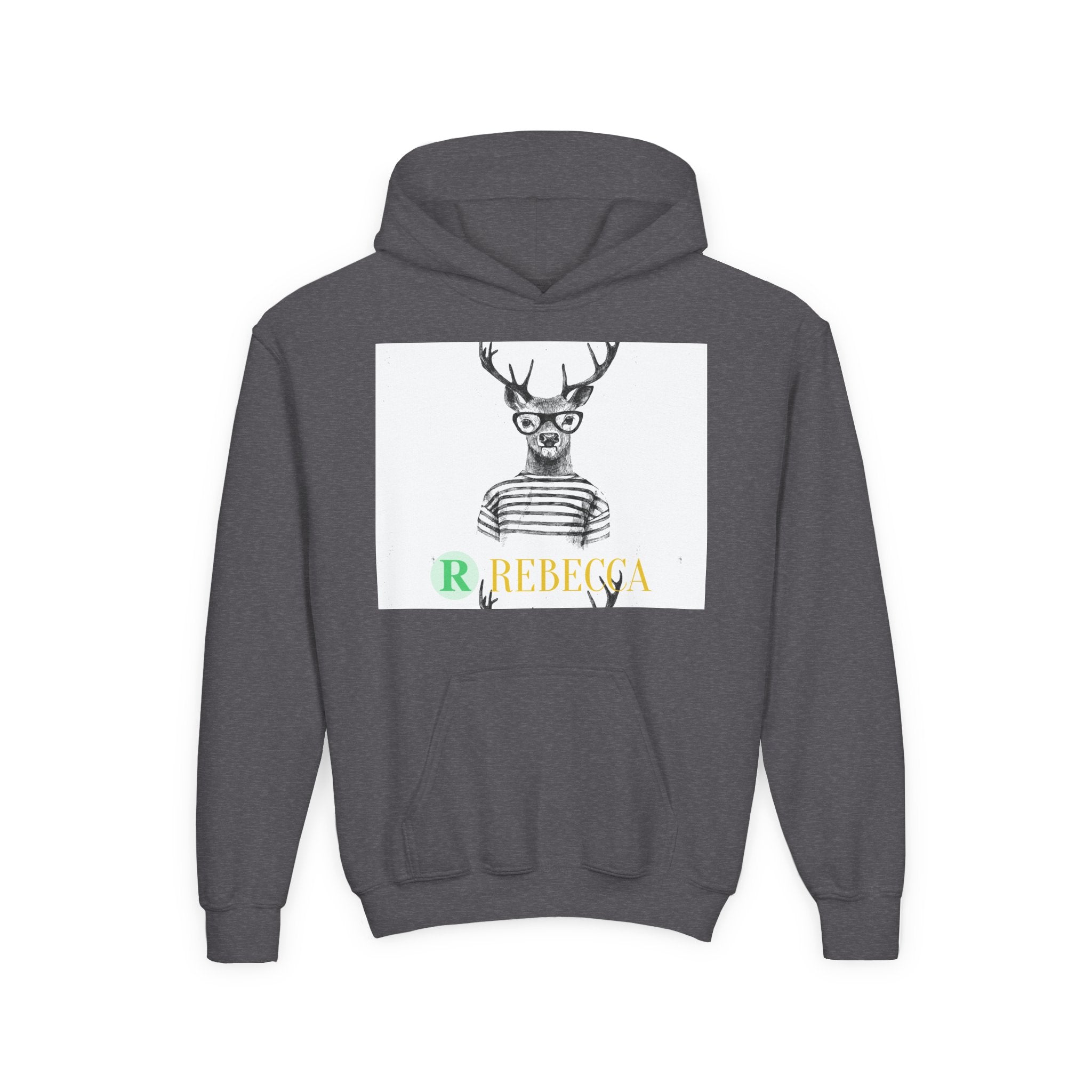 Youth Hoodie — Whimsical Deer with Glasses & 'Rebecca' Name Graphic
