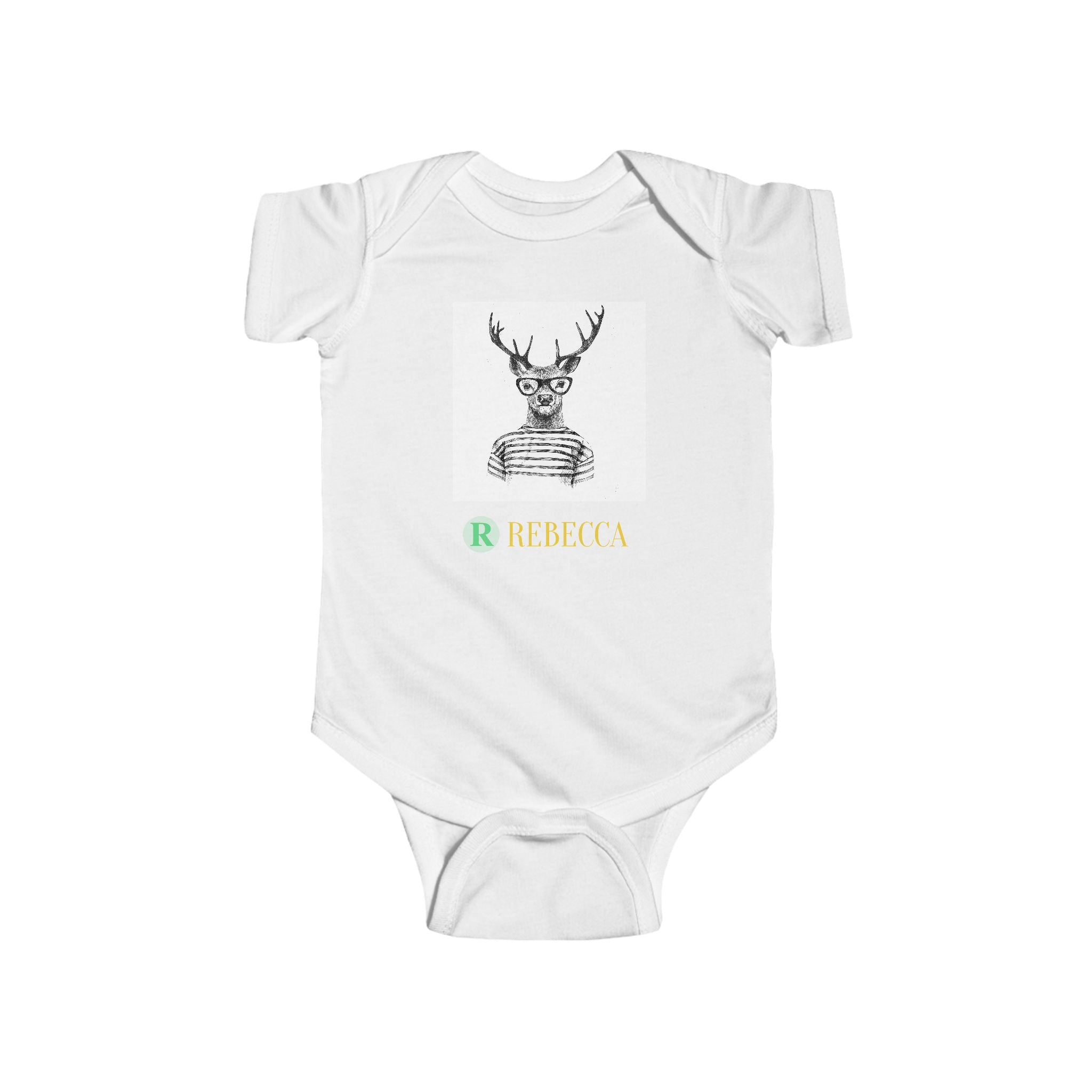 Baby Bodysuit — Cute Hipster Deer with 'Rebecca' Personalized Name