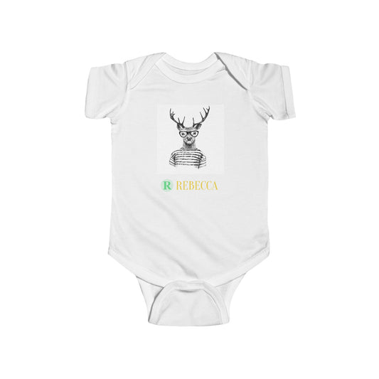 Baby Bodysuit — Cute Hipster Deer with 'Rebecca' Personalized Name
