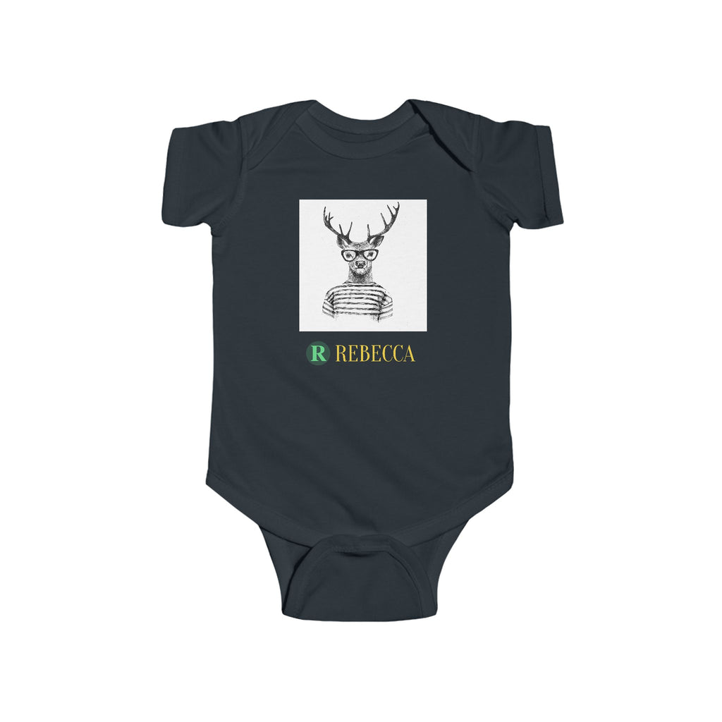 Baby Bodysuit — Cute Hipster Deer with 'Rebecca' Personalized Name