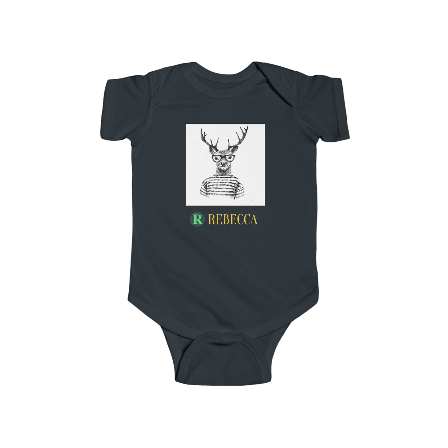 Baby Bodysuit — Cute Hipster Deer with 'Rebecca' Personalized Name
