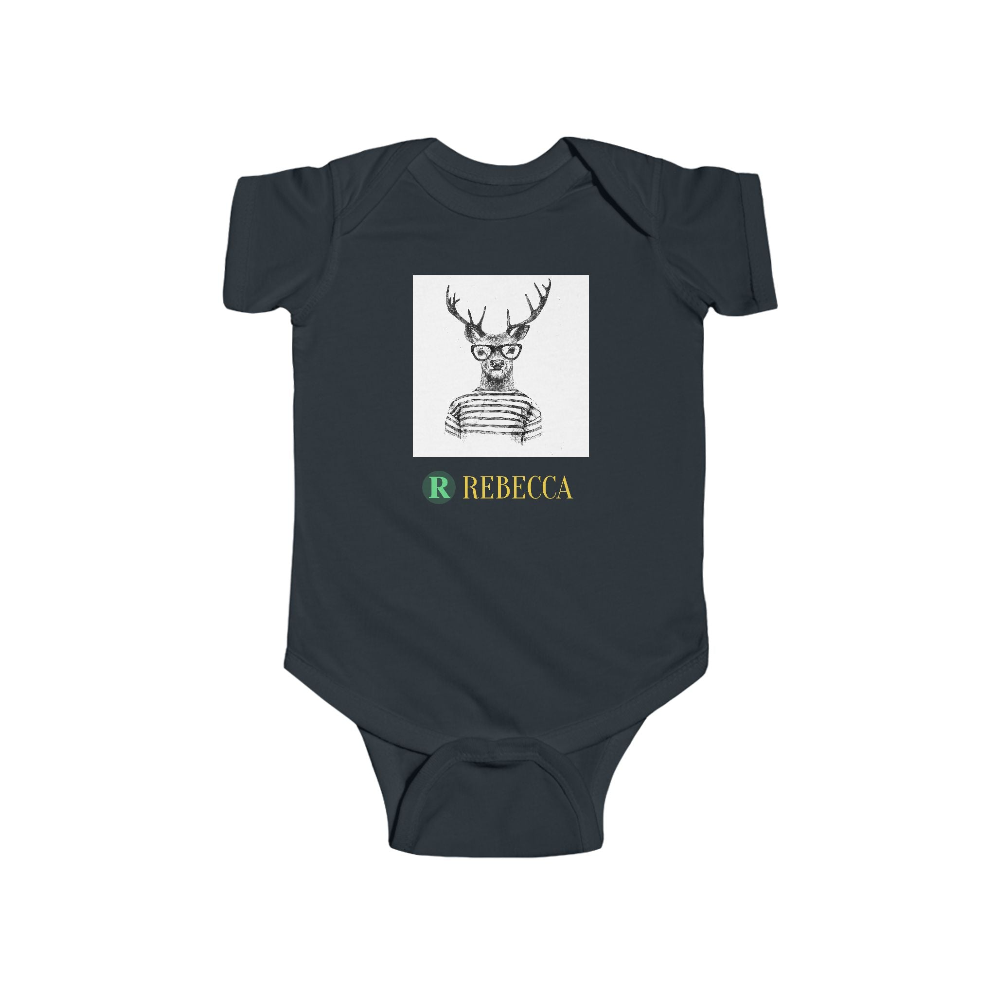Baby Bodysuit — Cute Hipster Deer with 'Rebecca' Personalized Name