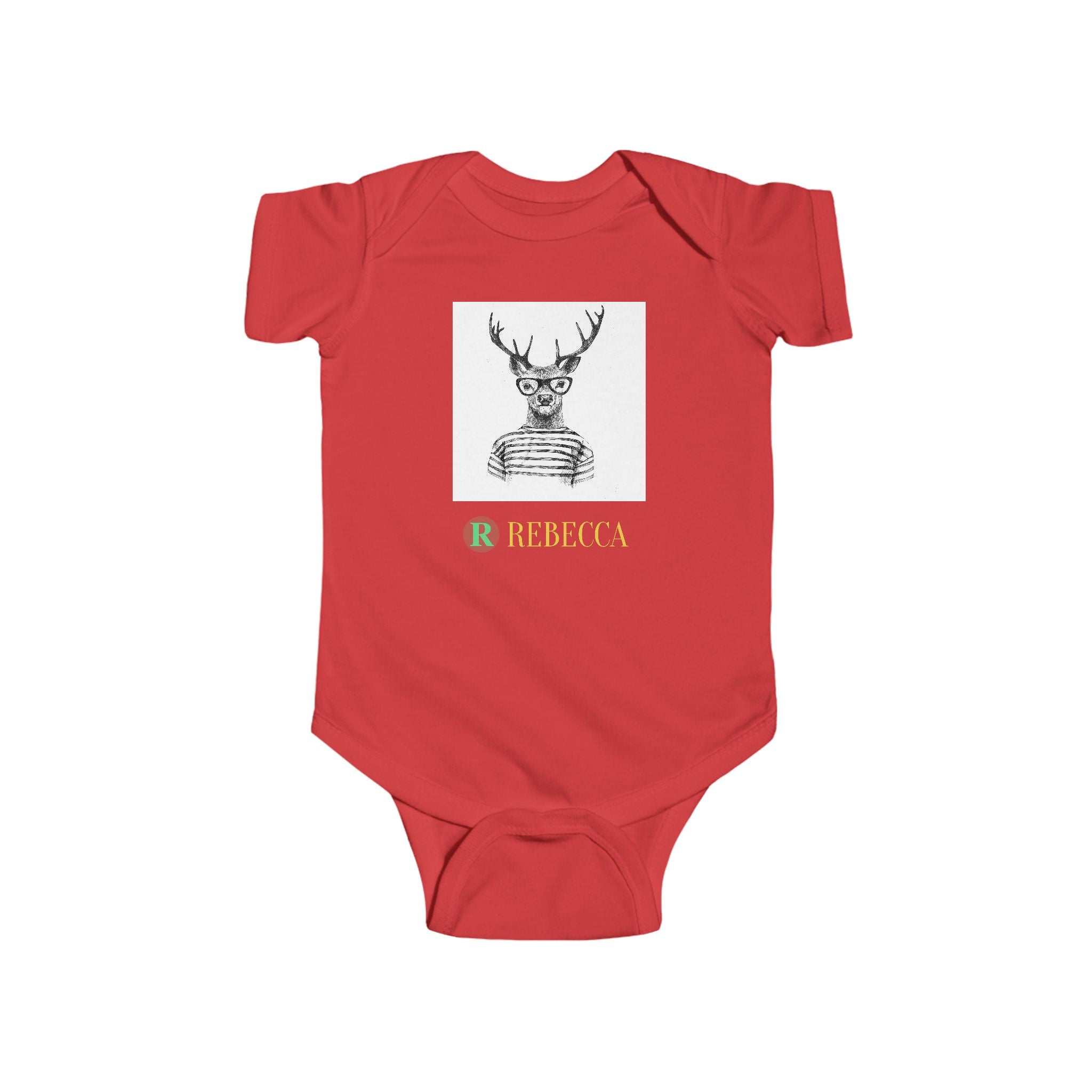Baby Bodysuit — Cute Hipster Deer with 'Rebecca' Personalized Name