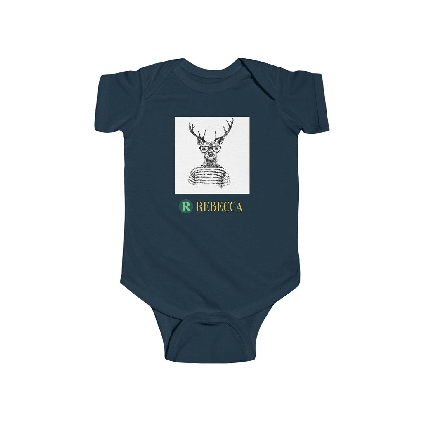 Baby Bodysuit — Cute Hipster Deer with 'Rebecca' Personalized Name