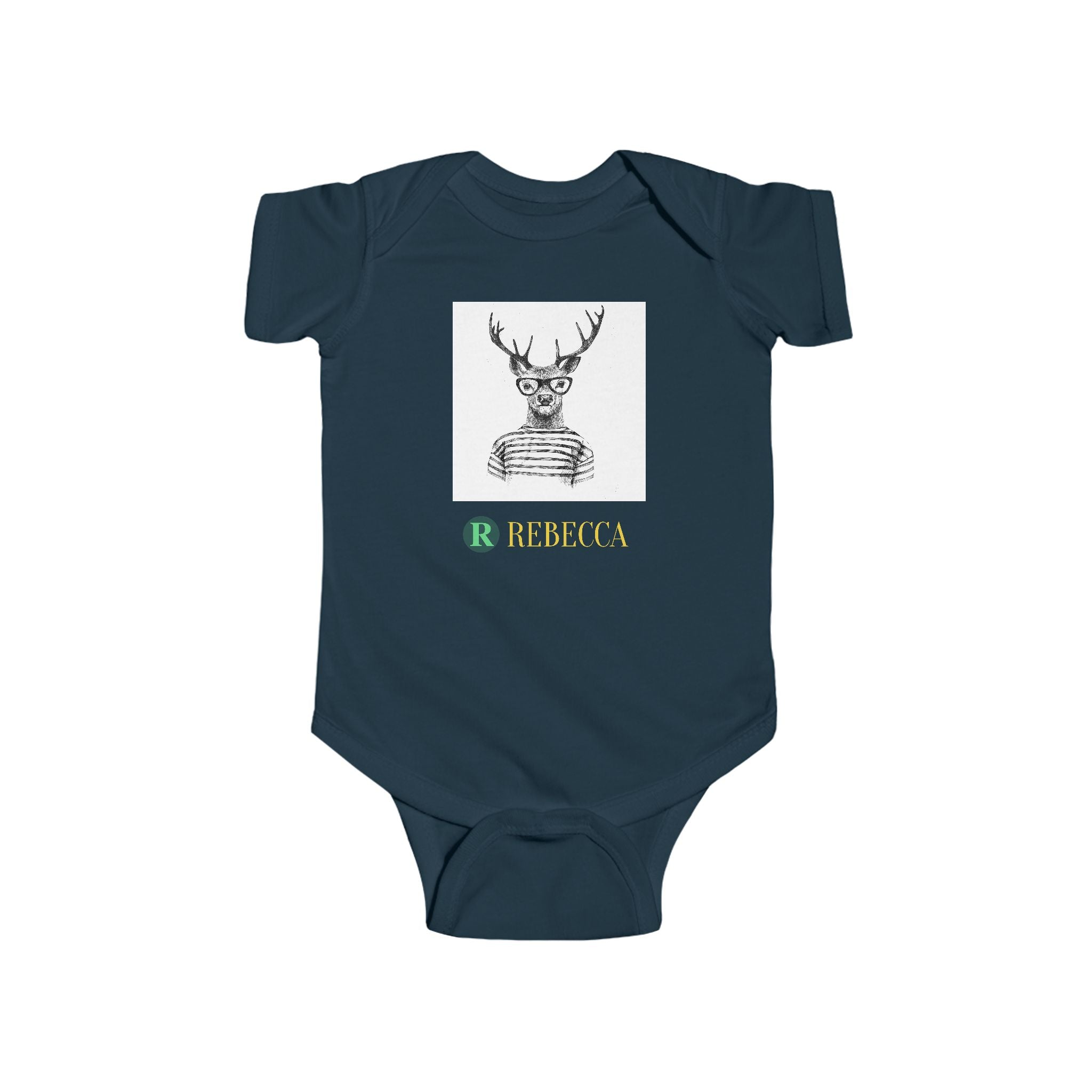 Baby Bodysuit — Cute Hipster Deer with 'Rebecca' Personalized Name