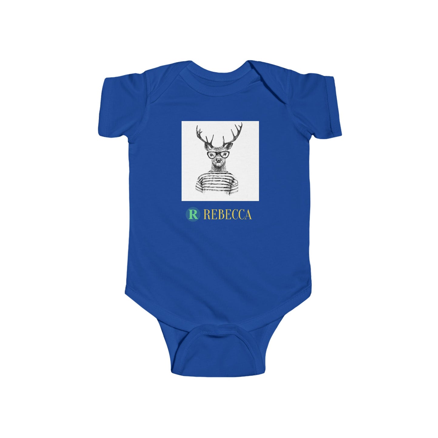 Baby Bodysuit — Cute Hipster Deer with 'Rebecca' Personalized Name
