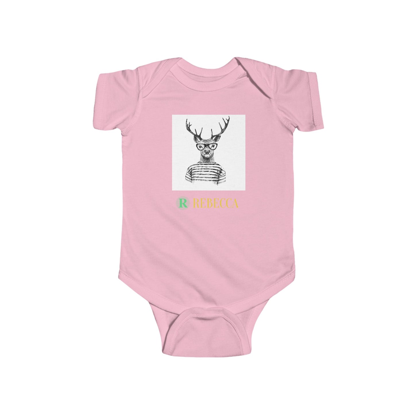 Baby Bodysuit — Cute Hipster Deer with 'Rebecca' Personalized Name