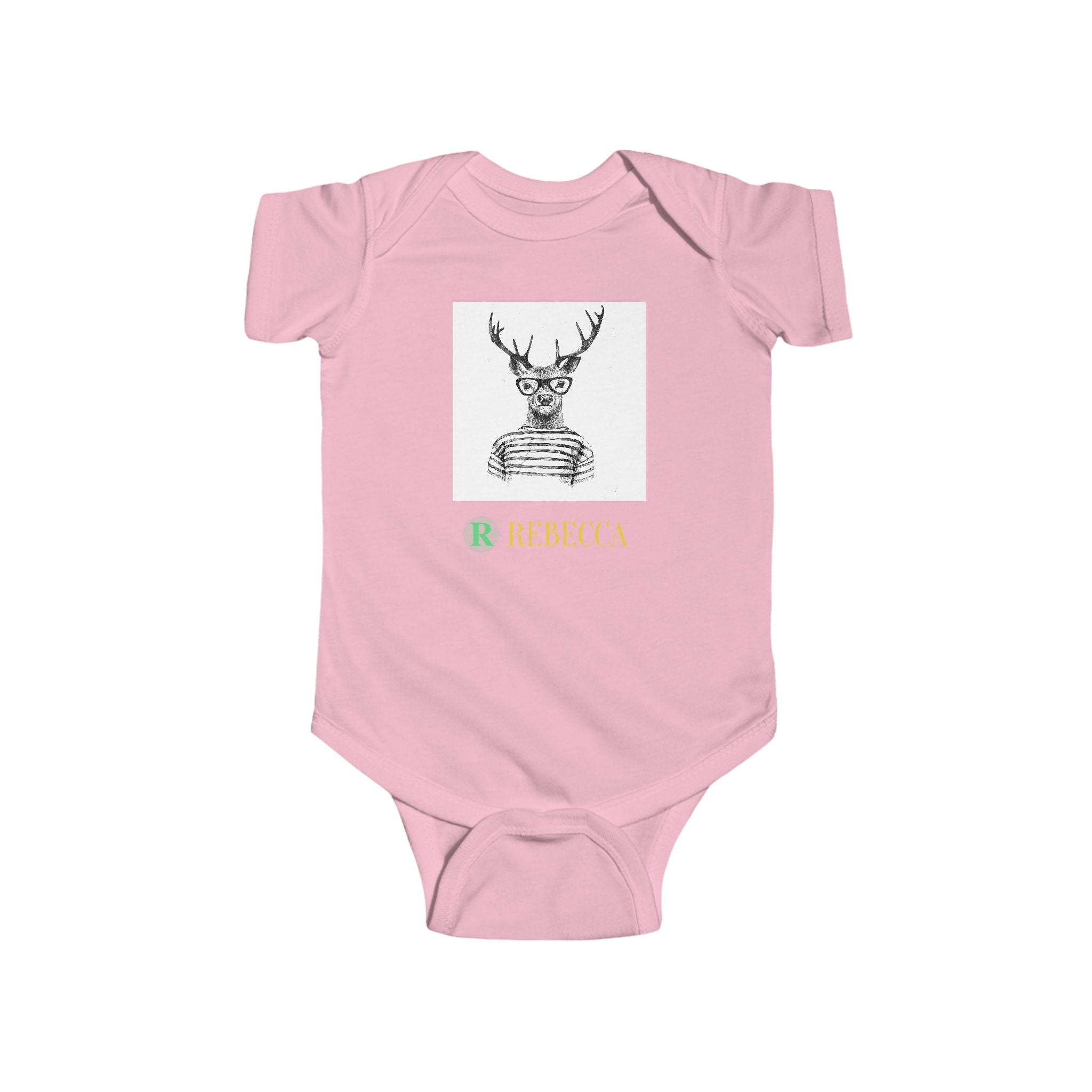 Baby Bodysuit — Cute Hipster Deer with 'Rebecca' Personalized Name