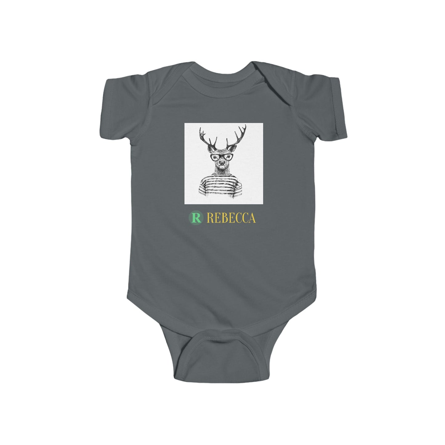 Baby Bodysuit — Cute Hipster Deer with 'Rebecca' Personalized Name