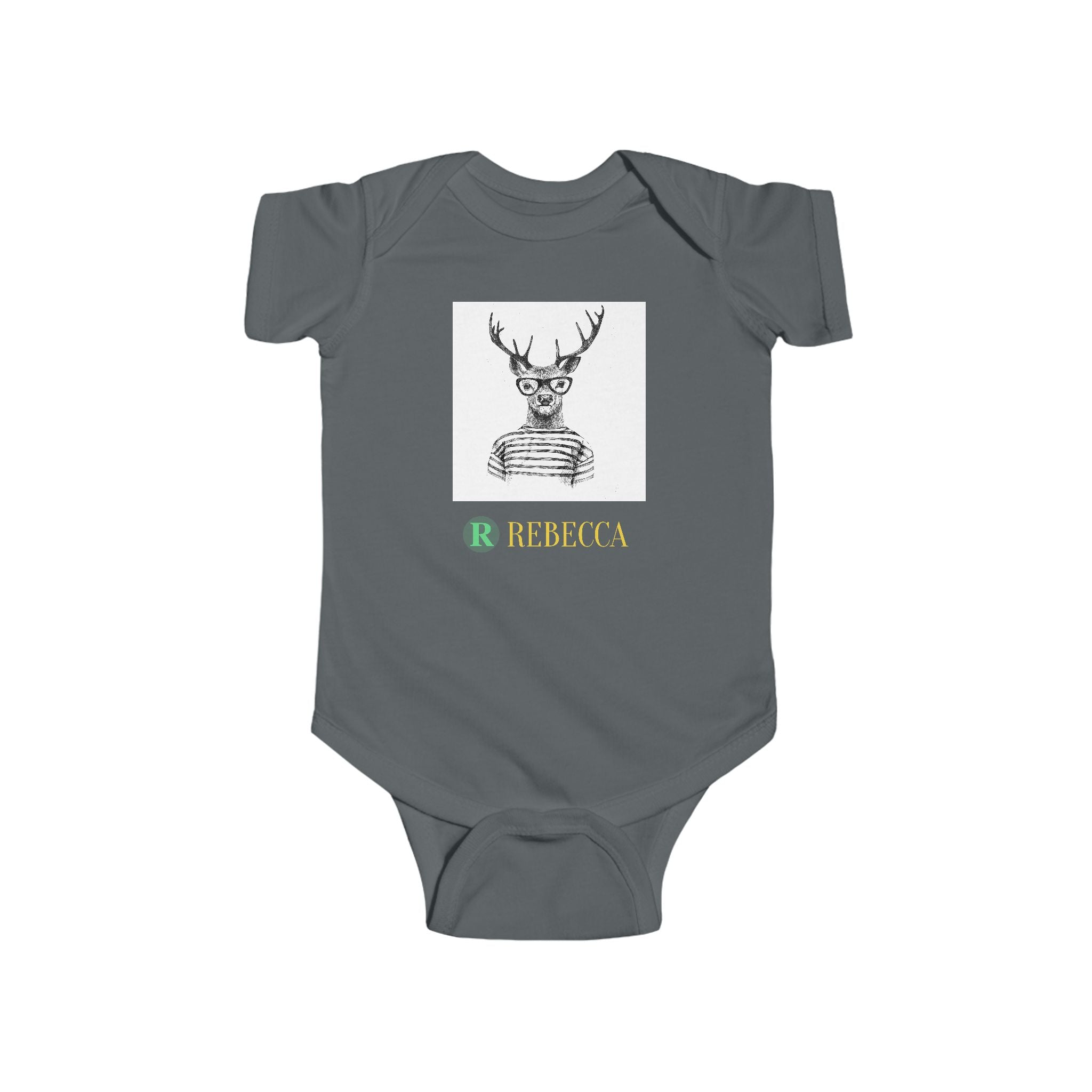 Baby Bodysuit — Cute Hipster Deer with 'Rebecca' Personalized Name