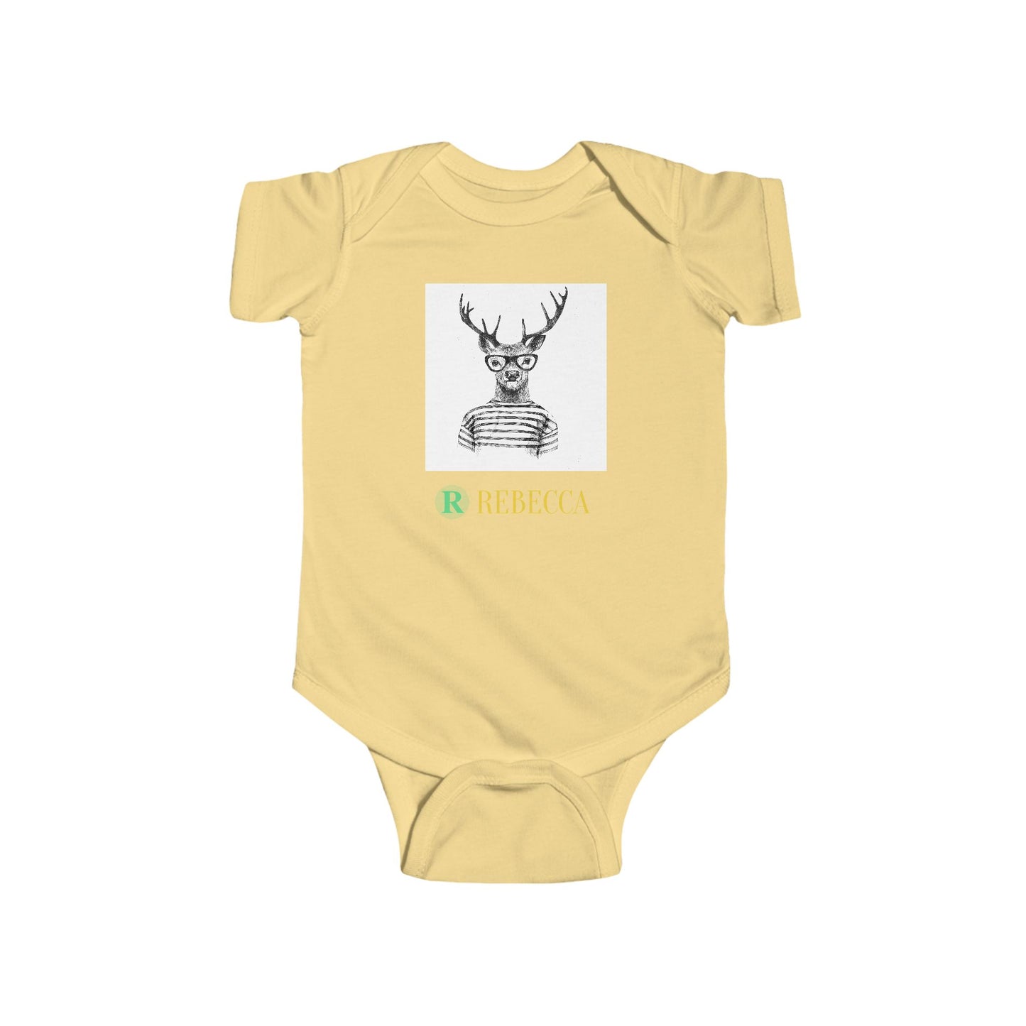 Baby Bodysuit — Cute Hipster Deer with 'Rebecca' Personalized Name