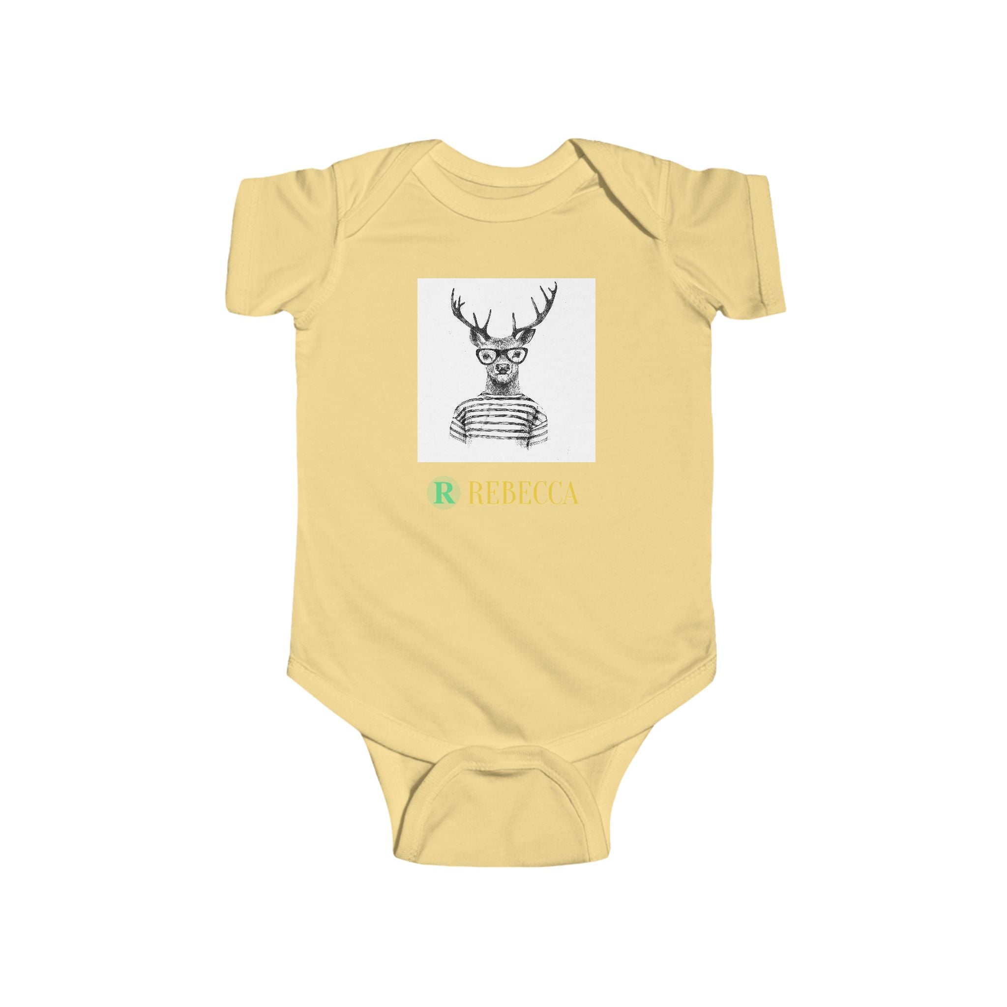Baby Bodysuit — Cute Hipster Deer with 'Rebecca' Personalized Name