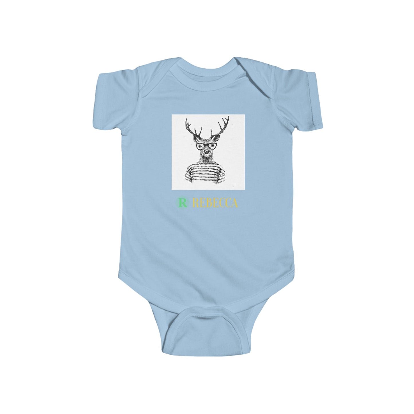 Baby Bodysuit — Cute Hipster Deer with 'Rebecca' Personalized Name