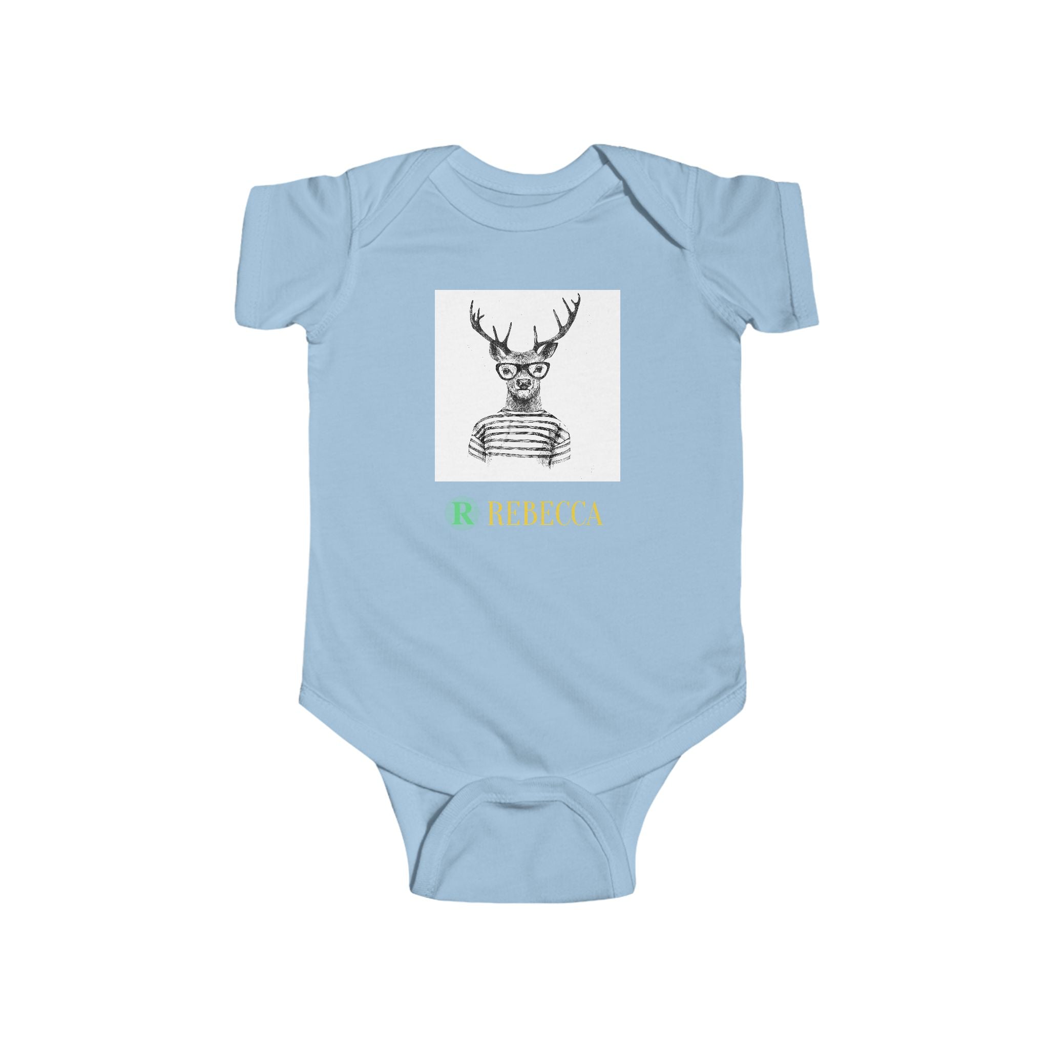 Baby Bodysuit — Cute Hipster Deer with 'Rebecca' Personalized Name