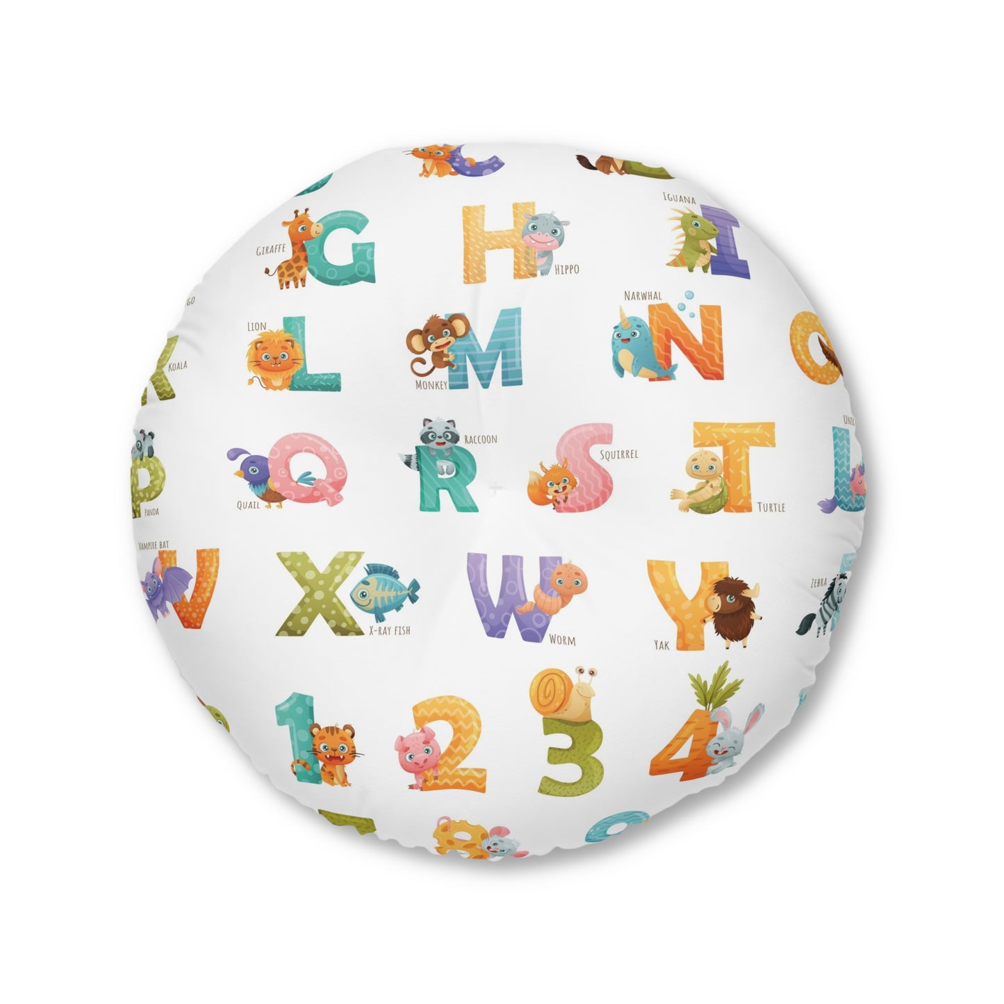 Alphabet & Numbers Kids Tufted Floor Pillow — Cute Animal ABCs & 123s